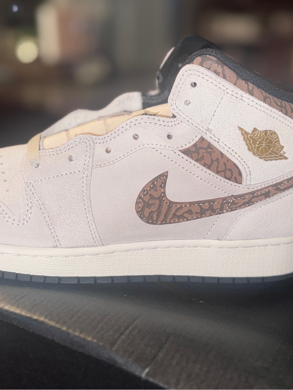 Nike Beige Suede High-Top with Leopard Swoosh and Gold Wings